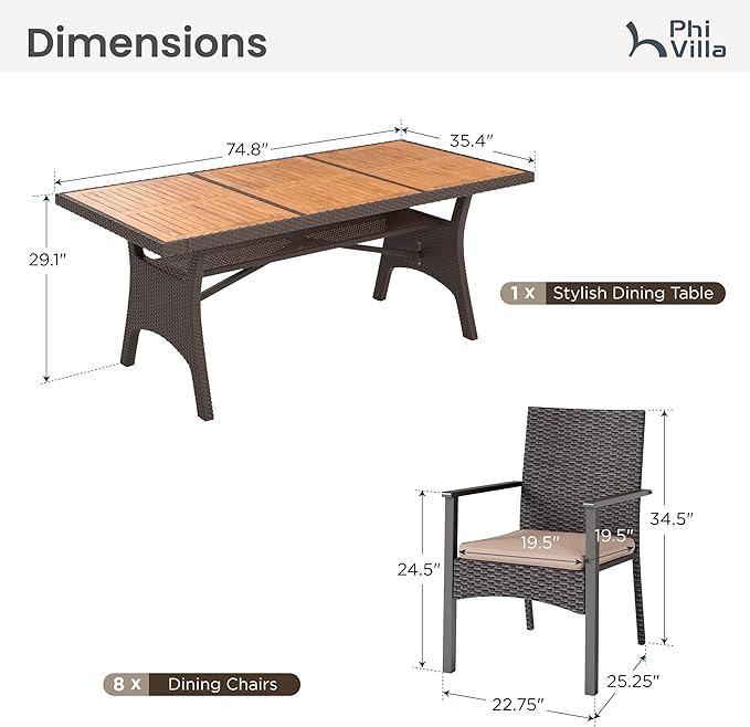 PHI VILLA Outdoor Dining Set for 8, Rectangular Rattan Table with Acacia Wood Top & Wicker Chairs with Cushions, 74” Large Modern Furniture Set for Patio, Deck, Backyard, Porch