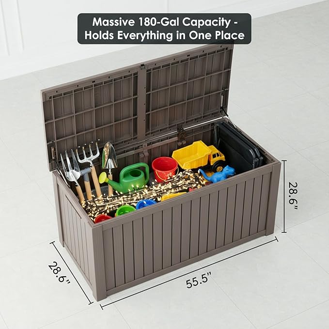 180 Gallon Resin Deck Box with Lockable Lid - Outdoor Waterproof Storage for Patio Furniture, Garden Tools, Cushions & Pool Accessories, All-Weather Wood Grain Design