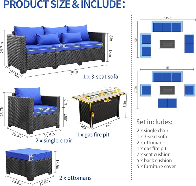 Rattaner Outdoor Patio Furniture 60000 BTU Outdoor Propane Fire Pit Table Patio Furniture Set 45" Outdoor Fire Pits 6 Pieces Patio Sofa Outdoor Chairs Anti-Slip Cushions Waterproof Covers, Royal Blue