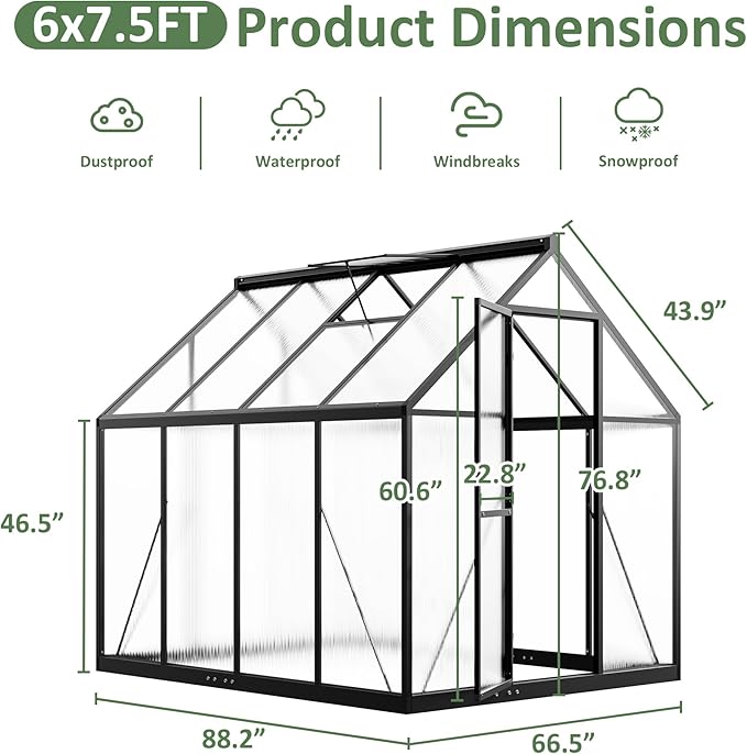 Greenhouse 6×7.5 FT, Quick Setup Polycarbonate Greenhouse for Outdoors with Roof Vent, Walk in Green Houses for Outside for Outdoor Garden Backyard, Black