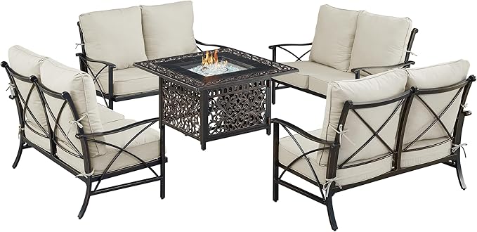 Oakland Living Black Aluminum Patio Fire Table Set with Four Deep Seating Loveseat with Cushions