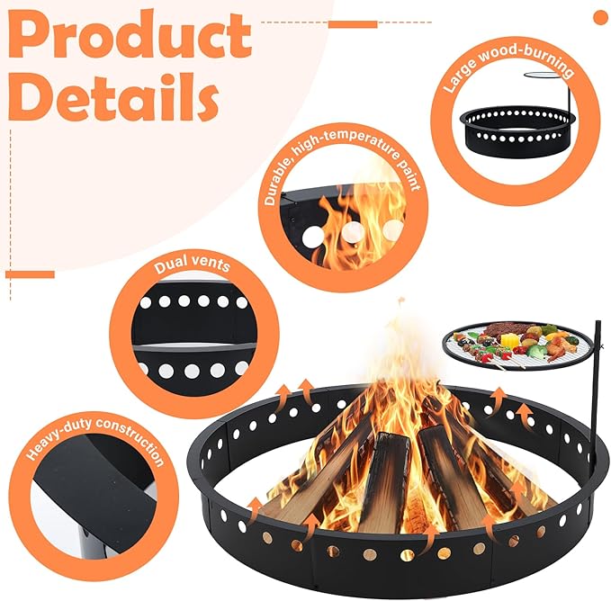 60 Inch Smokeless Fire Pit Ring with Grill Fire Ring for Outside Heavy Duty Metal Firepit Insert Round Steel Large Above/In-Ground Camping Firepit for Outdoor Camping Patio Picnic BBQ Garden