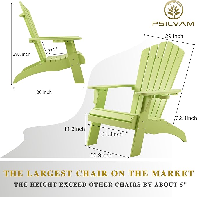 Psilvam Adirondack Chair, Oversized Poly Lumber Fire Pit Chair with Cup Holder, 350Lbs Support Patio Chairs for Garden, Weather Resistant Outdoors Seating, Relaxing Gift for Father & Mother (1, Green)
