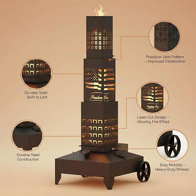 51" Smudge Pot Heater with Wheels, 7-Gallon Waste Oil Patio Heater,Heavy-Duty Steel Pyramid Design,Portable Fireplace for Backyard, Porch, Patio and Garden(Banner)