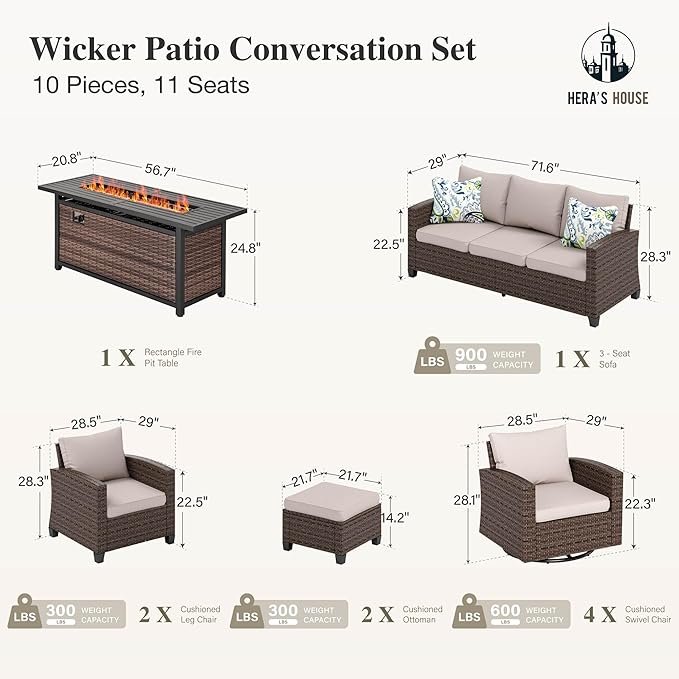 HERA'S HOUSE Swivel Glider Patio Furniture Set with Fire Pit, Outdoor Wicker Conversation Sets, 8 Pieces Deep Seat Rattan Sofa Sets with Cushions for Deck Backyard Lawn, Beige/Brown