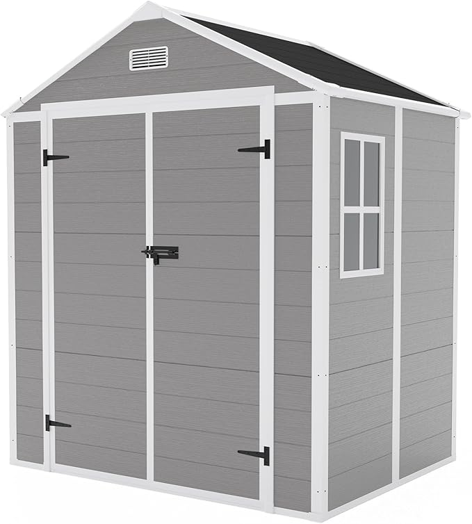Outdoor Storage Shed 6x5 FT, Resin Shed with Floor & Window, Lockable Door, Vents, Outside Sheds & Garden Shed for Patio Furniture, Gardening Tools, Pool Equipment (Grey, 6 * 5ft)