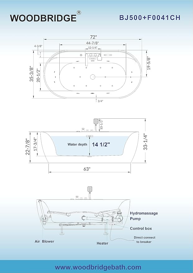 WOODBRIDGE 72" x 35-3/8" Whirlpool and Air Bath Heated Soaking Combination Tub with Adjustable Speed Air Blower, Tub Filler and Display Control Panel, White,BJ-500+F0041