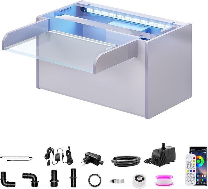 Longrun Pond Waterfall Box with Pump Kit, Transparent Acrylic Pond Waterfall Spillway with 396 GPH 1500L/H Pump for Ponds, Pond Spillway Color-Changing LED Light Strip for Garden (9.06")