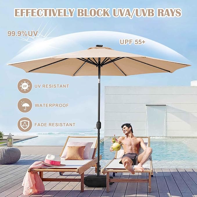 Sundale Outdoor Olefin 5-Year-Non-Fading Solar 80 LED 9 FT Solar Patio Umbrella with Sand Bag Base, Outdoor Umbrella with Tilt and Crank, Tan