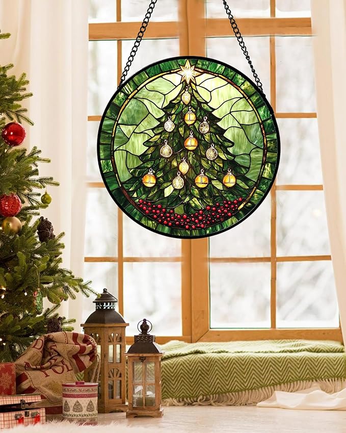 DASTOLL Stained Glass Window Hanging - Green Christmas Tree Golden Bells Suncatcher for Doors Home Christmas Decoration Sun Catcher Thanksgiving New Year Birthday Gift for Women Men Mom Nana 9.8 in