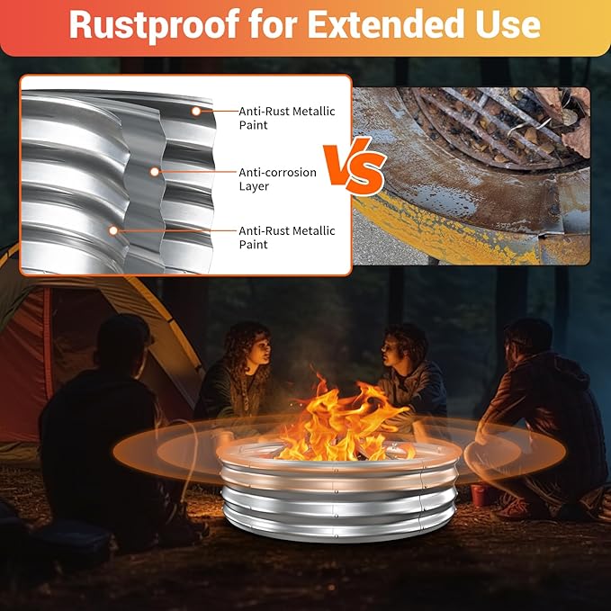 60 Inch Extra Large Fire Pit Ring for Outside, Heavy Duty Wood Burning Firepits & Outdoor Fireplace,12'' Tall High Heat Resistant Fire Bowl Galvanized Steel Portable for Backyard Bonfire,Patio,Camping