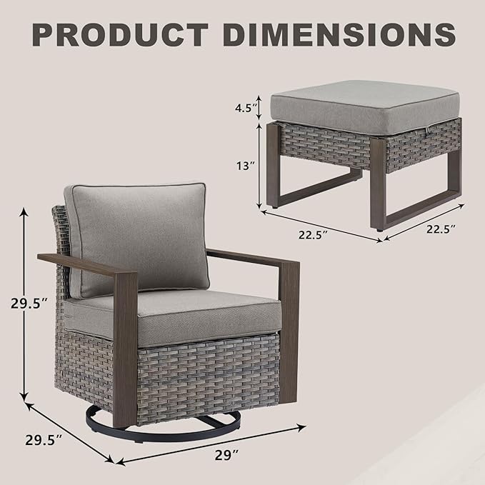 Rilyson Outdoor Wicker Patio Furniture Set - 4 Piece Patio Conversation Set with 2 Wicker Swivel Rocker Chairs,2 Rattan Ottoman, Thick Cushions, Deep Seating, Wide Armrest(Mixed Grey/Grey)