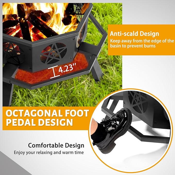35 Inch Outdoor Fire Pit, Heavy Duty Wood Burning Firepits for Outside, Octagonal Metal Bonfire Fire Pits with Fire Poker for Camping, Backyard, Patio, Garden, Beach, Poolside, Picnic