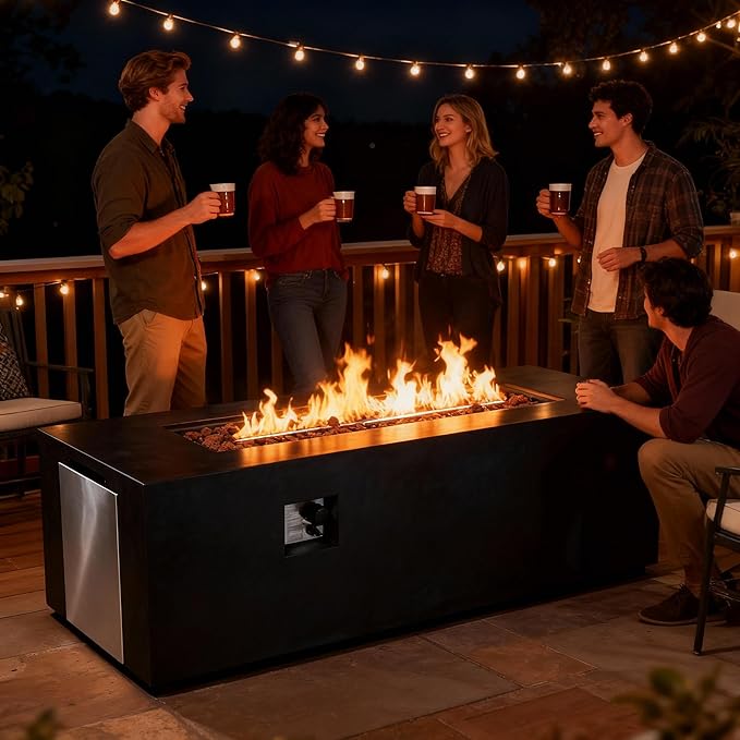 70 Inch Outdoor Propane Fire Pit Table for Outside Patio, Concrete Fire Pit Table, Rectangle Gas Fire Pit for Garden, Pool, Backyard, 60,000 BTU, Free Lava Rocks, Dark Gray