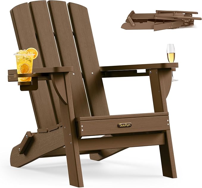 Folding Adirondack Chair 6 Pack, HDPE All-Weather Fire Pit Chairs, Plastic Adirondack Chairs with 2 Cup Holder, Outdoor Lawn Chair for Patio Garden (Brown)