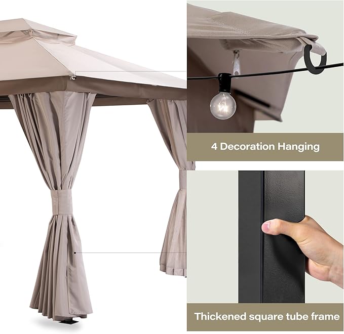 LAUSAINT HOME Outdoor Patio Gazebo 10'x13' with Expansion Bolts, Heavy Duty Party Tent & Shelter with Double Roofs, Mosquito Nettings and Privacy Screens for Backyard (Khaki)