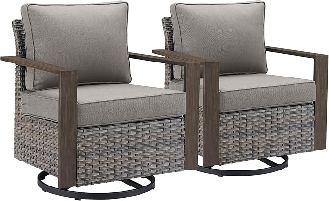 Rilyson Outdoor Patio Swivel Rocker Chairs - Wicker Rattan Patio Swivel Rocking Chairs Set of 2 with Metal Wide Armrest, Thick Cushions and Deep Seating for Deck Porch Sunroom Garden(Mixed Grey/Grey)