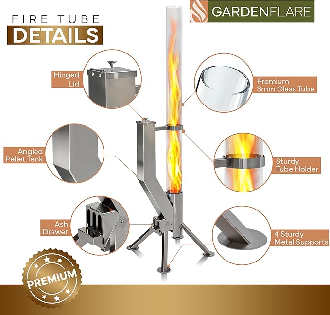 Smokeless Fire Pit - Outdoor Wood Pellet Fire Tube Stainless Steel firepit for Ambience Fire on Your Backyard, Patio, Porch & Garden (Silver, Premium)