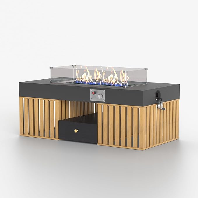 47.24" Outdoor Gas Fire Pit Coffee Table with Wood Storage Drawer and Tempered Glass Wind Guard, Stainless Steel Tabletop Patio Fire Pit Table for Backyard, Garden, Picnic or Party