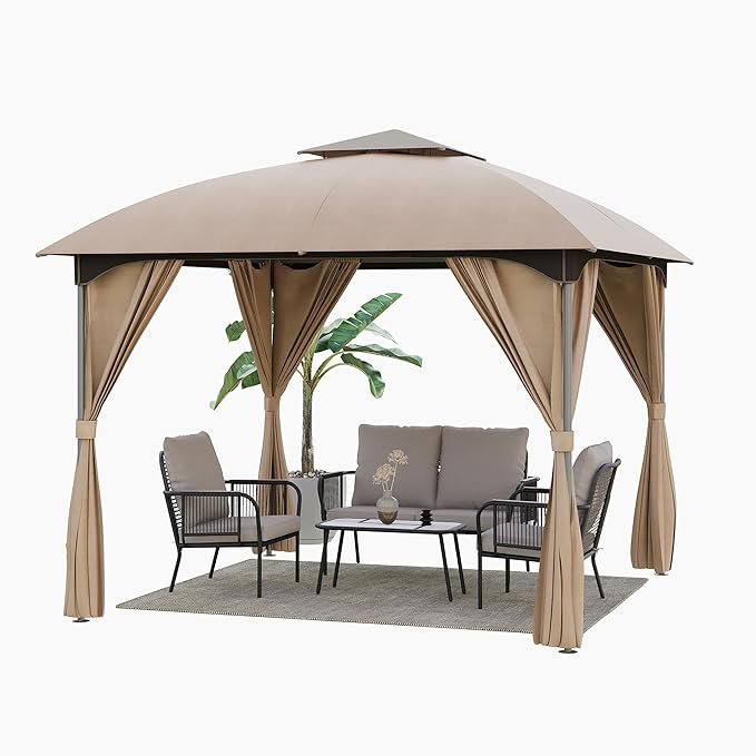LAUSAINT HOME Patio Arc Gazebo Outdoor Canopy Tent 10'x10', Party Tent Shelter with Curtains, Expansion Bolts & Wind-Resistant Ropes for Patio, Garden, Backyard, Lawn (Khaki)