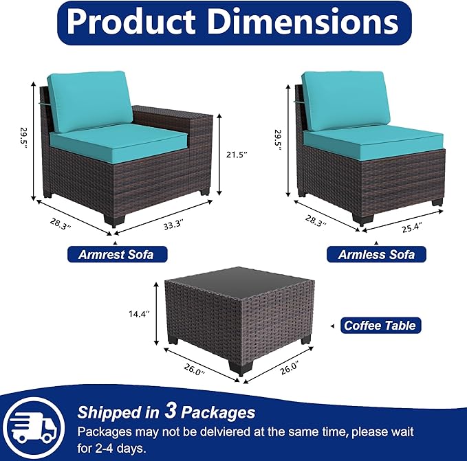 Outdoor Patio Furniture Set, 6 Pieces Outdoor Sectional Furniture High Backrest Patio Sofa, All-Weather PE Rattan Patio Conversation Set with Coffee Table & Cushions(Teal).