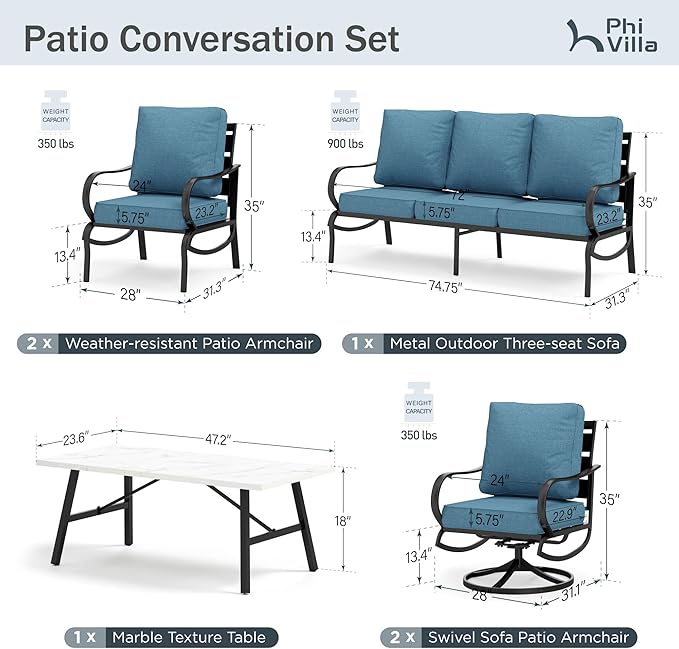PHI VILLA 6 Piece Patio Furniture Sets with 1 x 3-Seat Wide Deep Seating Bench, 2 x Swivel Cushioned Sofa Chairs, 2 x Leg Sofa and 1 x Coffee Table, Outdoor Metal Furniture Set for 7 Person,Navy Blue