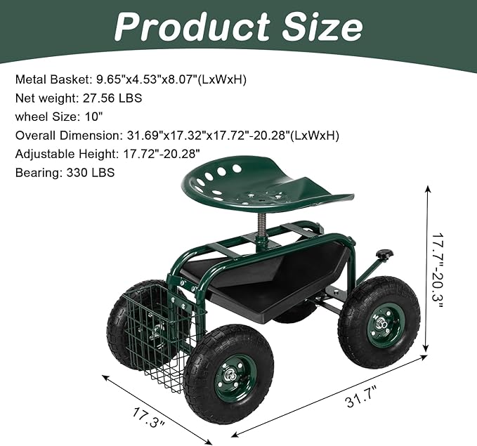 Outvita Garden Cart Gardening Workseat w/Wheels, Rolling Work Seat with Adjustable 360 Degree Swivel Seat, Basket and Tool Tray, Patio Wagon Scooter for Lawn Yard Outdoor Planting（Green）