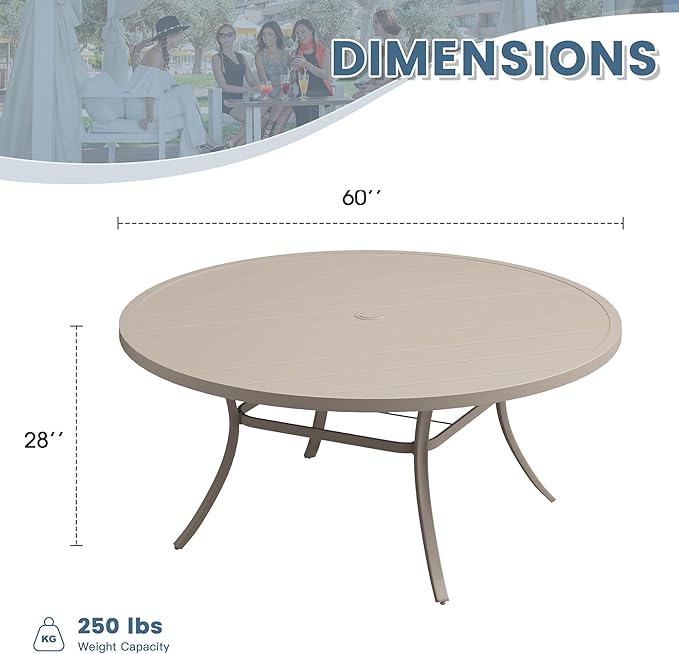 DIFY 60" Round Outdoor Patio Dining Table for 8-10, Metal Patio Table with 1.57" Adjustable Umbrella Hole, All-Weather Dining Furniture Table for Backyard Lawn Garden, Cream