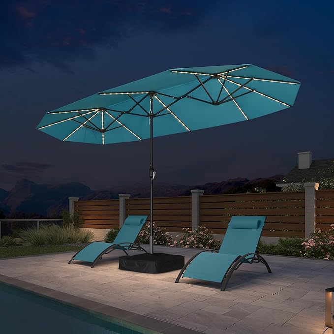 PURPLE LEAF 13ft Patio Market Umbrella with Solar LED and Base Double-Sided Rectangle Outdoor Table Sun Umbrellas with Crank for Pool Beach Deck Backyard Turquoise Blue
