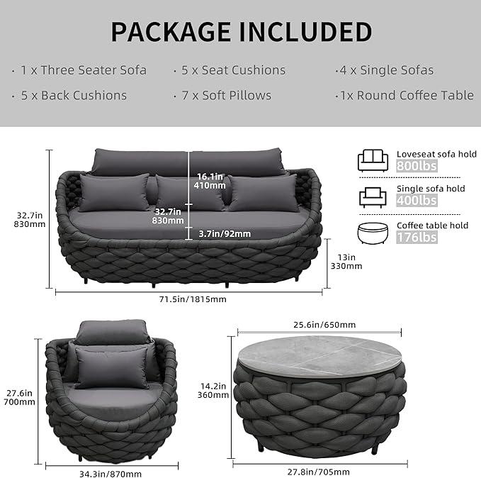 TWT 6-Piece Aluminum Patio Furniture Set, Modern Outdoor Conversation Set Sectional Sofa with Water Repellent Thick Cushions and Coffee Table for Balcony, Garden