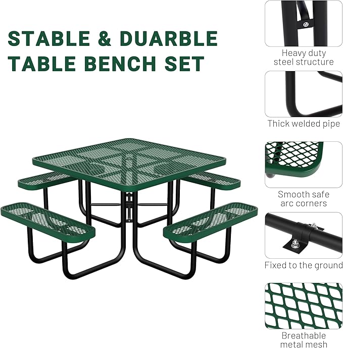 HIMcup 46" Square Picnic Table for Outside,Heavy Duty Metal Picnic Table Bench Set with 2in Umbrella Hole, 1600 lb Capacity,Commercial Dining Table Furniture for Garden Yard Patio Party Coffee Shop