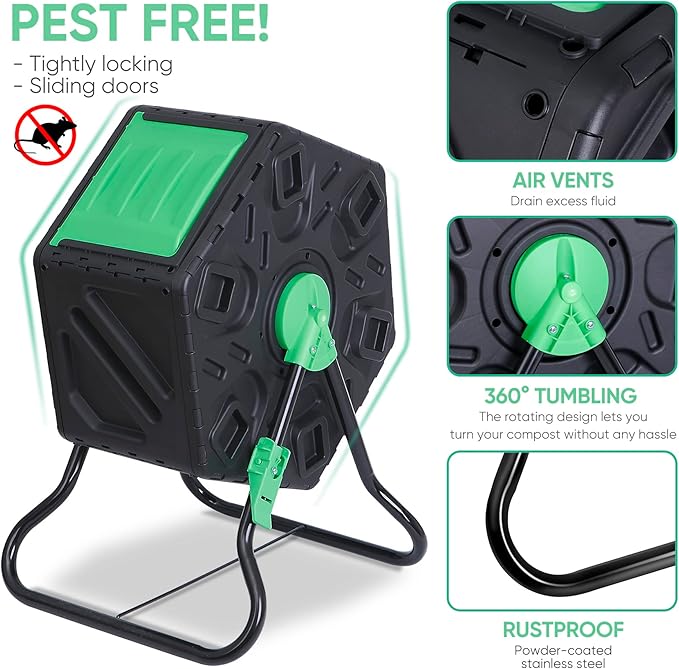 BBBuy Compost Bin Tumbling Composter Rotating w/Sliding Doors Compost Bin, Single Chamber Heavy Duty Outdoor Gardening Composting Tumblers Garden Yard (18.5 Gallon, Black)