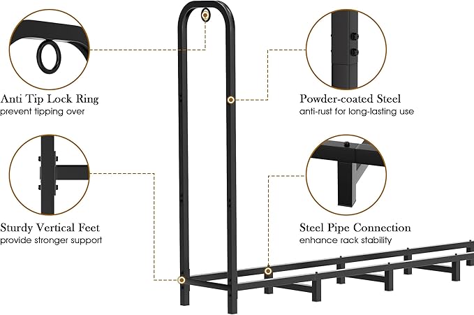 Gtongoko 8ft Heavy Duty Metal Firewood Rack Outdoor Indoor Adjustable Fire Wood Holder Rack for Fireplace, Log Racks for Firewood Outdoor, Wood Pile Storage Organizer, Black