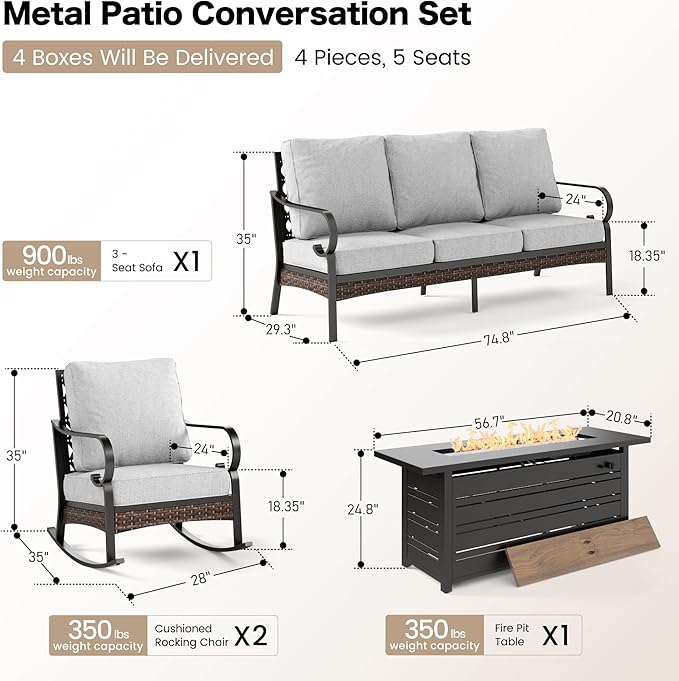 SUNSHINE VALLEY 4 Piece Black Metal Outdoor Patio Furniture Sets with Firepit Table, Patio Conversation Sets 1 3-Seater Sofa, 2 Rocking Sofa with 5.75" Cushion Backyard Furniture for Deck, Light Gray