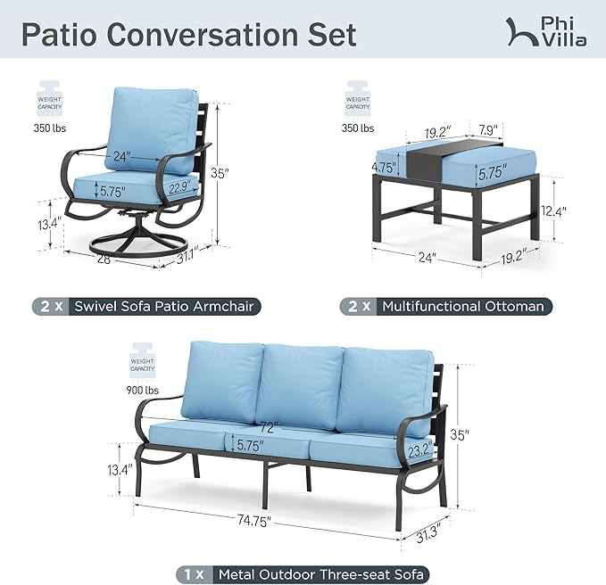 PHI VILLA 5 PCS Patio Furniture Set,Metal Deluxe Patio Set with 1 x 3 Seater Deep Seating Bench, 2 x Swivel Sofa Chairs & 2 x Metal Cushioned Ottoman, Outdoor Patio Set for Garden, Light Blue