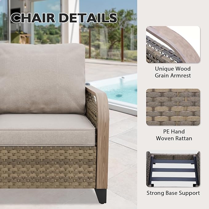 EAGLE PEAK Modern Wicker Outdoor Patio Furniture Set, Patio Conversation Set, 2 Chairs, 3-Seat Loveseat and 2 Ottomans, 5 Pieces, Brown/Gray