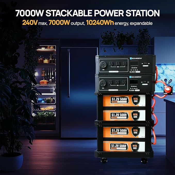 ECO-WORTHY SL7000 Stackable Power Station 10240Wh LiFePO4 Battery,AC 7000W Output, Portable Stand with Expandable Tiers for Home Backup,Emergency,Solar System Components