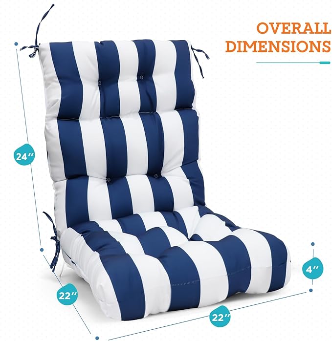 EAGLE PEAK Tufted Outdoor/Indoor High Back Patio Chair Cushions, Set of 2, 46'' x 22'', Navy Blue/White