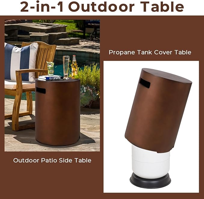 Propane Tank Cover Table Round, Outdoor Tank Covers Propane Storage Box 20 LB Modern Cover Tables with Side Handle, Concrete Hideaway Holder for Patio Backyard Deck (Dark Bronze)