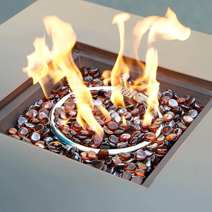 onlyfire 10 Pounds Fire Glass Beads for Propane Fire Pit and Gas Fireplace, 1/2 Inch Round Firepit Glass Rocks Flat Marbles for Fire Pit Table, Caramel