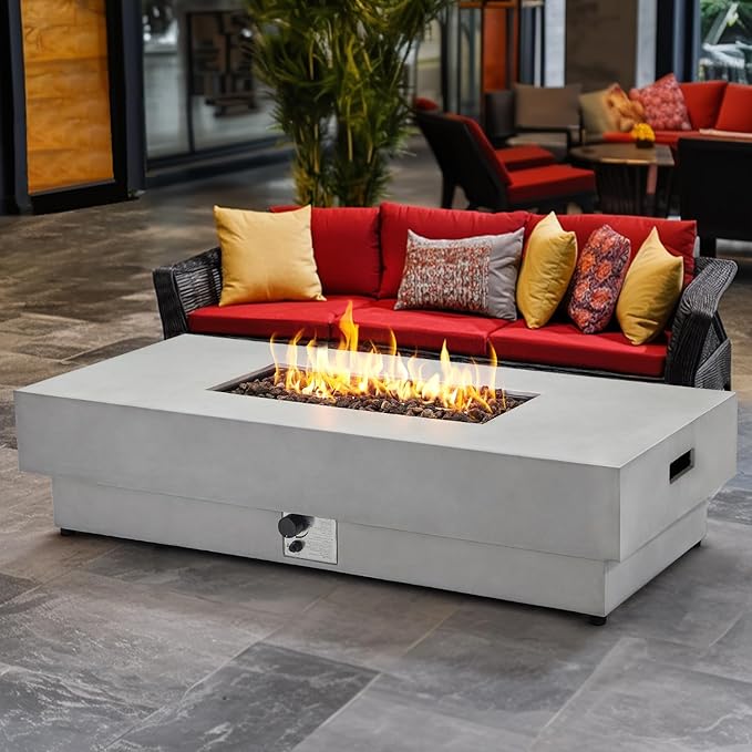 60 Inch Outdoor Propane Fire Pit Table, 50,000 BTU Natural Gas Firepit Rectangular Concrete Fire Table with Steel Lid, Natural Gas Orifice, Rain Cover for Outside Patio, Deck, Backyard, Garden