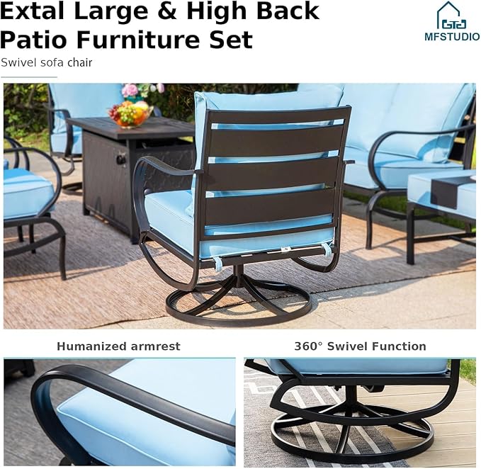 MFSTUDIO Patio Furniture Sets with 45" Gas Fire Pit Table, 8 Pieces Outdoor Metal Conversation Sets with 1 x 3-Seat Sofa, 2 Single Chairs, 2 Swivel Chairs and 2 Ottomans, Blue Cushion