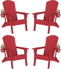 Plawdlik Folding Adirondack Chair Set of 4, SGS Tested, Wooden Textured with Cup Holder, Heavy All-Weather HDPE Comfortable Set Poolside Backyard Lawn,Red