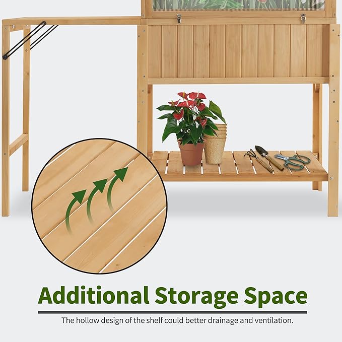 Macrout Cold Frame Greenhouse with Foldable Potting Table, Raised Garden Bed Planter Box with Legs and Wooden Greenhouse with Shelf for Vegetables, Herb and Flowers Use, 0399