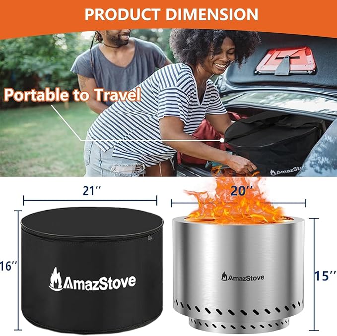 20 inch Large Firepit Outdoor, Thickened 304 Stainless Steel Firepits for Outside, Wood Burning Fire Pit with Portable Carrying Storage, Removable Ash Pan, Camping Backyard (Silver, 20 X 14.4 INCH)
