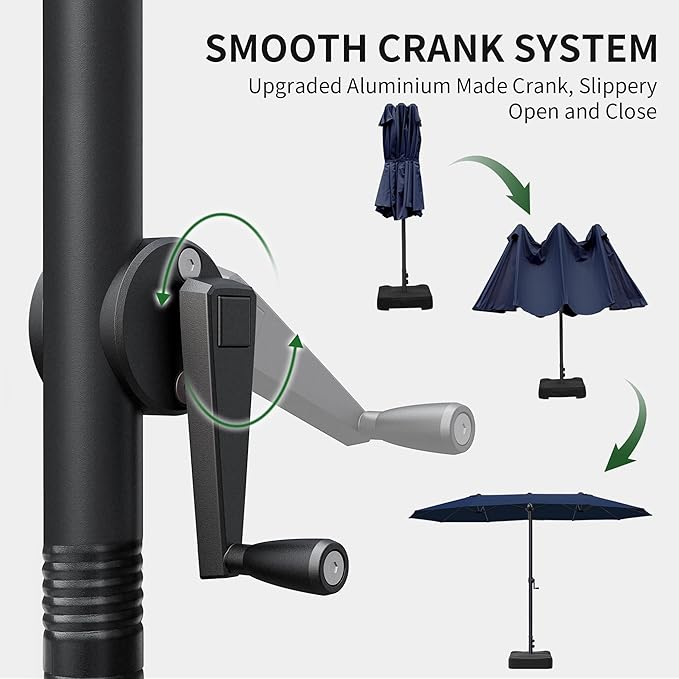 OLILAWN Patio Table Umbrella, 15ft Large Deck Umbrella with Base Included, Outdoor Double-Sided Rectangle Market Umbrella with Aluminium Crank, 12 Sturdy Ribs, for Deck Porch Garden, Dark Blue