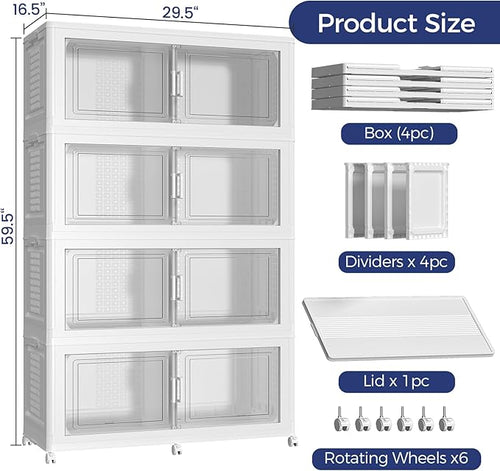 160GAL Extra Large Storage Bins with Lid, 640Qt Stackable Closet Organizers and Drawers, Collapsible Storage Bins with Wheels, Folding Containers for Home, Kitchen Office, 4Pack White