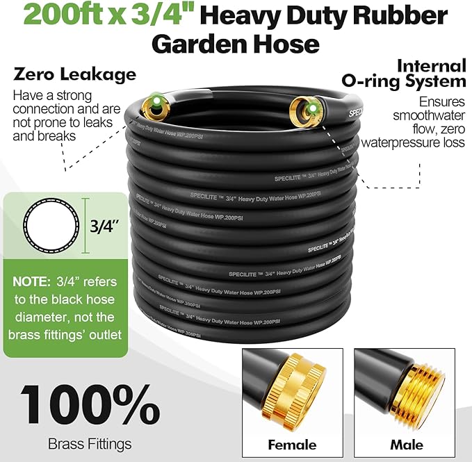 SPECILITE 3/4" Garden Hose 200 ft with High Flow Nozzle, Heavy Duty Flexible Hybrid Rubber Water Hose for Outdoor, Lightweight, Leak-Proof, No-Kink, 3/4"Brass Fittings,Black