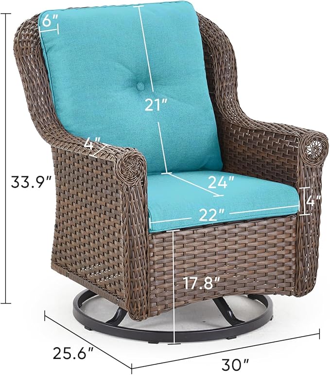 Patio Chairs Outdoor Swivel Glider - Set of 2 High Back Outside Brown Wicker Rattan Rocking Chair with Thick Cushion for Porch Apartment Deck Yard Poolside Garden - Turqoise