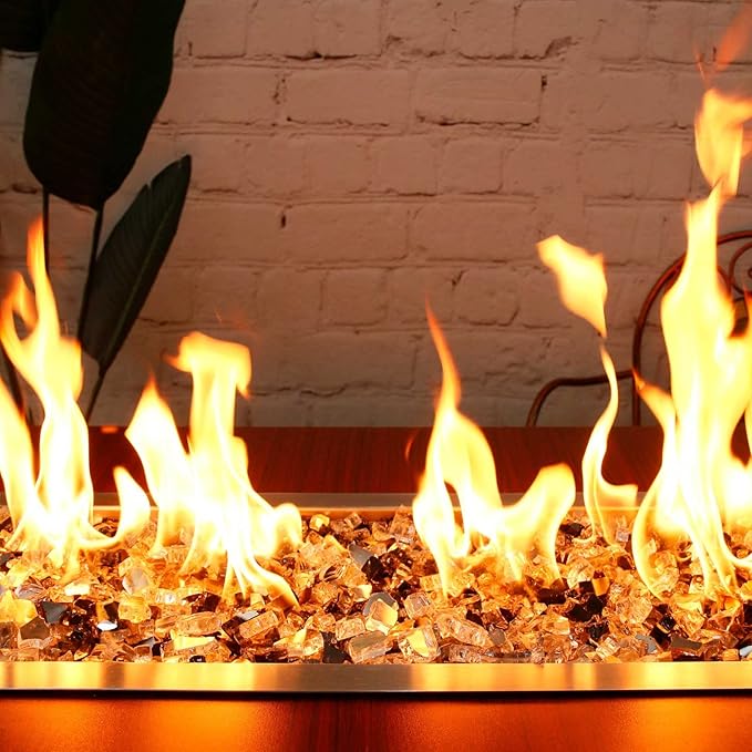 Grisun Fire Glass for Fire Pit, 1/2 Inch 10 Pounds High Luster Reflective Tempered Glass Rocks for Natural or Propane Fireplace, Safe for Outdoors or Indoors Firepit